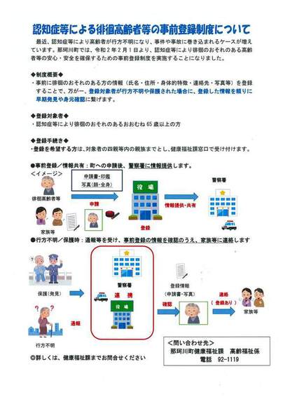 認知症等による徘徊高齢者等の事前登録制度についてのチラシ