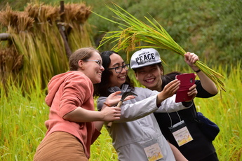 稲刈りで記念写真を撮る女性たちの写真