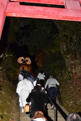 本宮への階段を上る氏子総代と参列者の写真