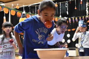 りんごを咥える小学生の写真