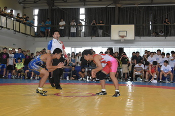 レスリングの試合と見守る観客の写真