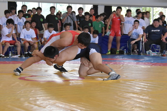 力強く組み合う選手らの写真