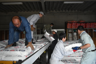 豚コレラ対策のため、消石灰を配布する写真