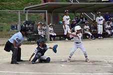 試合中の審判、キャッチャー、バッターを横から写した写真