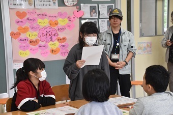 グループワークの結果を発表する小学生の写真