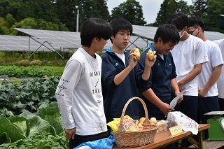 ジャガイモを持ってクイズを出題する高校生の写真