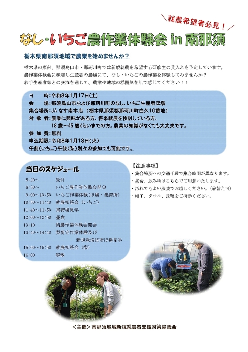 就業希望者必見！なし・いちご農作業体験会 in 南那須パンフレット