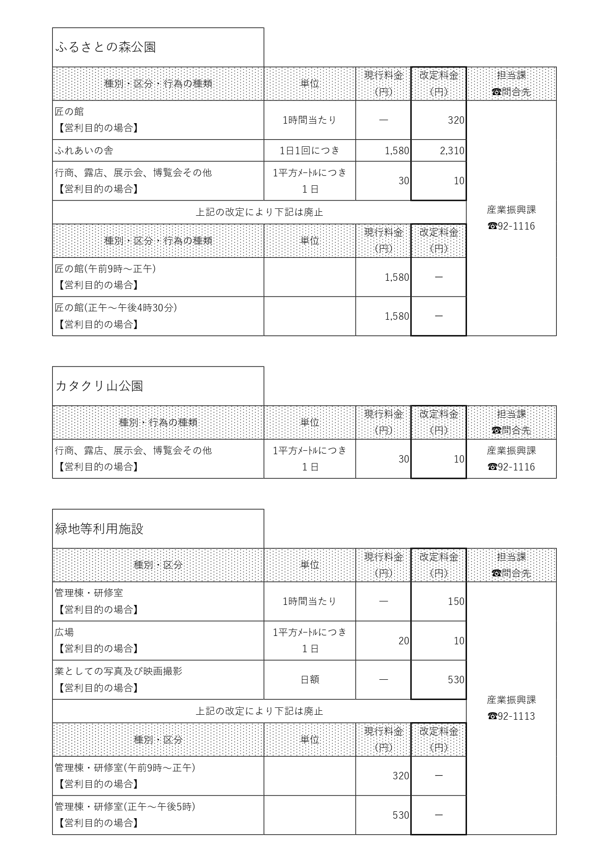 ふるさとの森公園、カタクリ山公園、緑地等利用施設などの施設一覧 ふるさとの森公園、カタクリ山公園、緑地等利用施設などの施設一覧